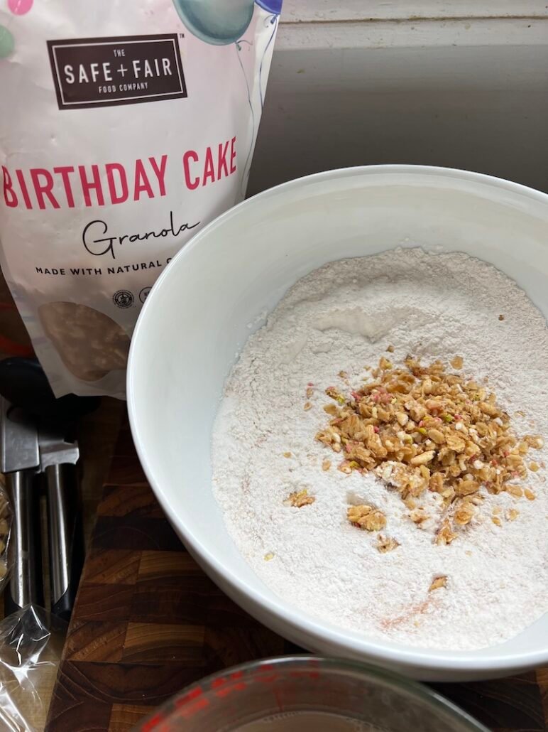 this is birthday cake granola batter for donuts