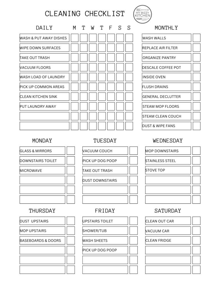 Cleaning Schedule Checklist Printables | My Bizzy Kitchen