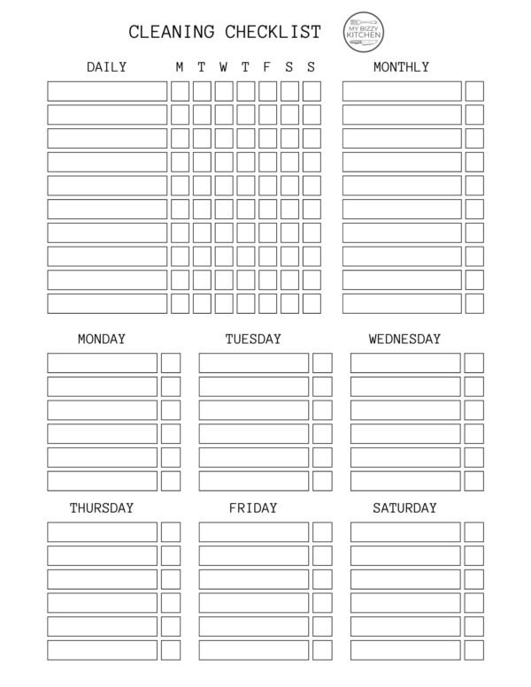 Cleaning Schedule Checklist Printables | My Bizzy Kitchen