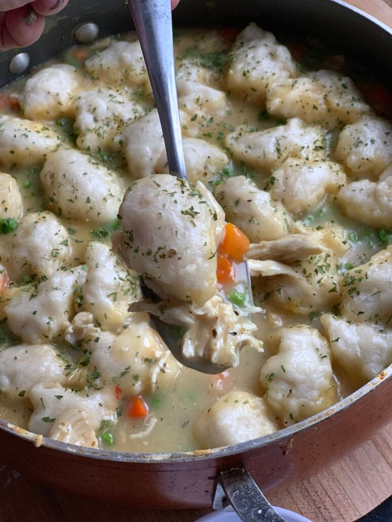 This is a pan of chicken and dumplings.