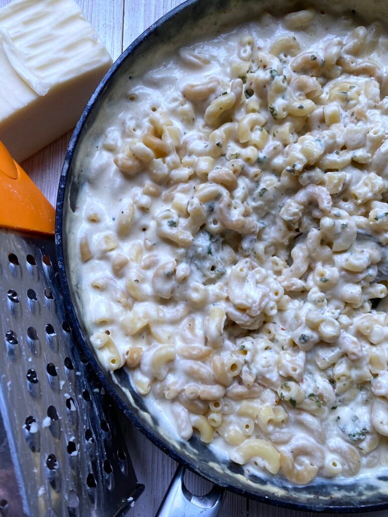 this is a skillet of macaroni and cheese