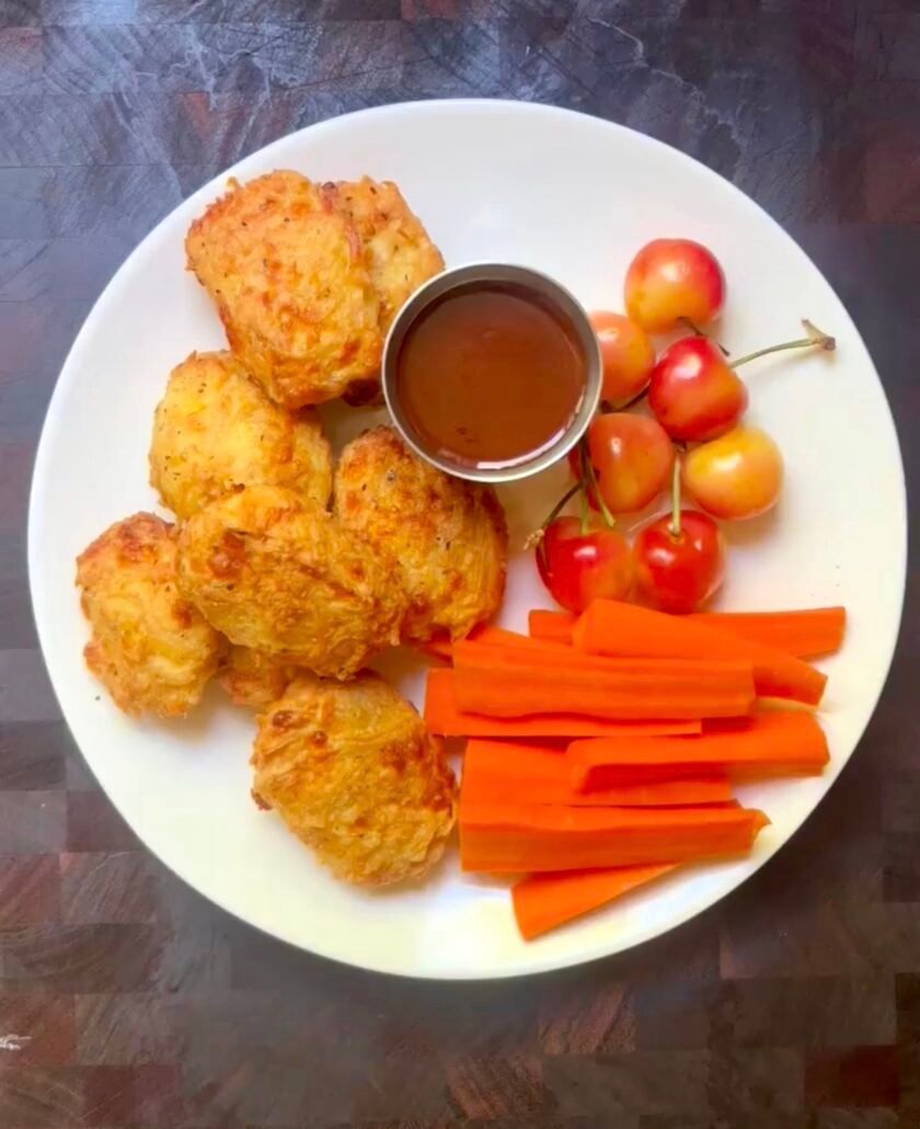 this is a plate of canned chicken nuggets made from canned chicken