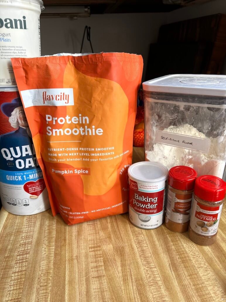 this is a photo of the ingredients needed for pumpkin protein pancakes