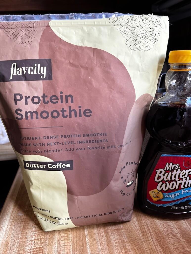 this is a package of butter coffee smoothie mix and sugar free pancake syrup for protein waffles