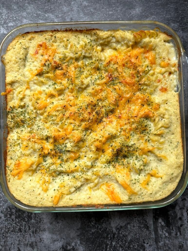 this is a casserole dish of cauliflower mac n cheese