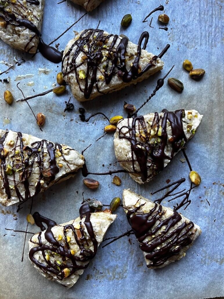 these are pistachio scones with mint chocolate drizzle