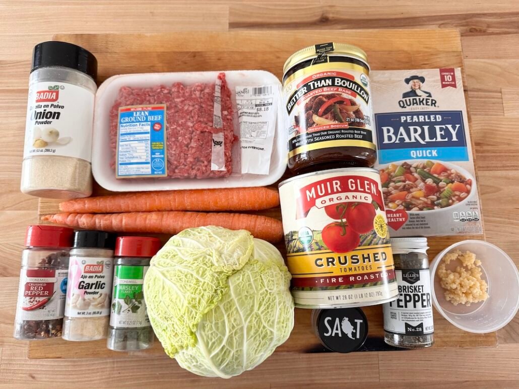 this is a photo of ingredients needed to make a barley beef soup