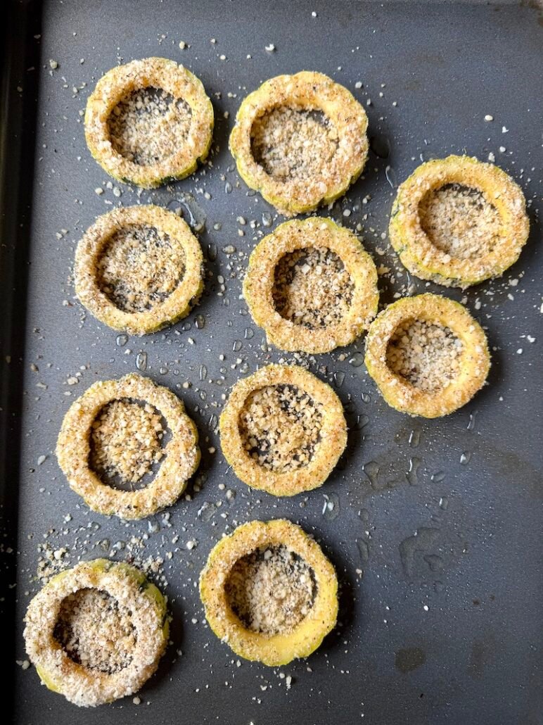 delicata squash rings ready to be baked