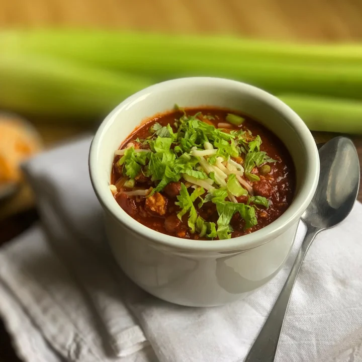 this is a bowl of buffalo chicken chili made in the instant pot that's only 1 weight watchers point per cup