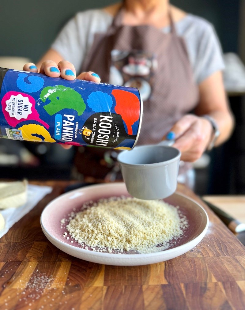 Kooshy croutons being used to make tofu katsu