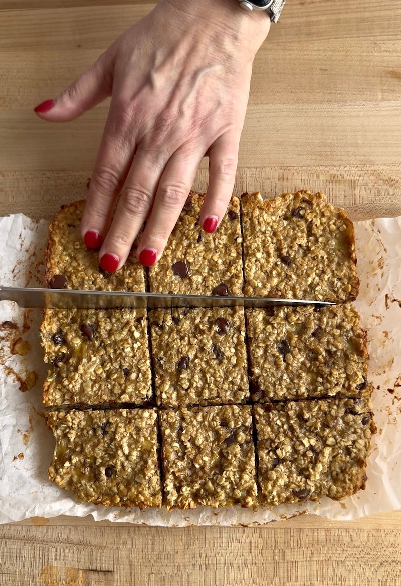 banana bars out of the oven, ready for slicing - only 5 Weight Watchers points