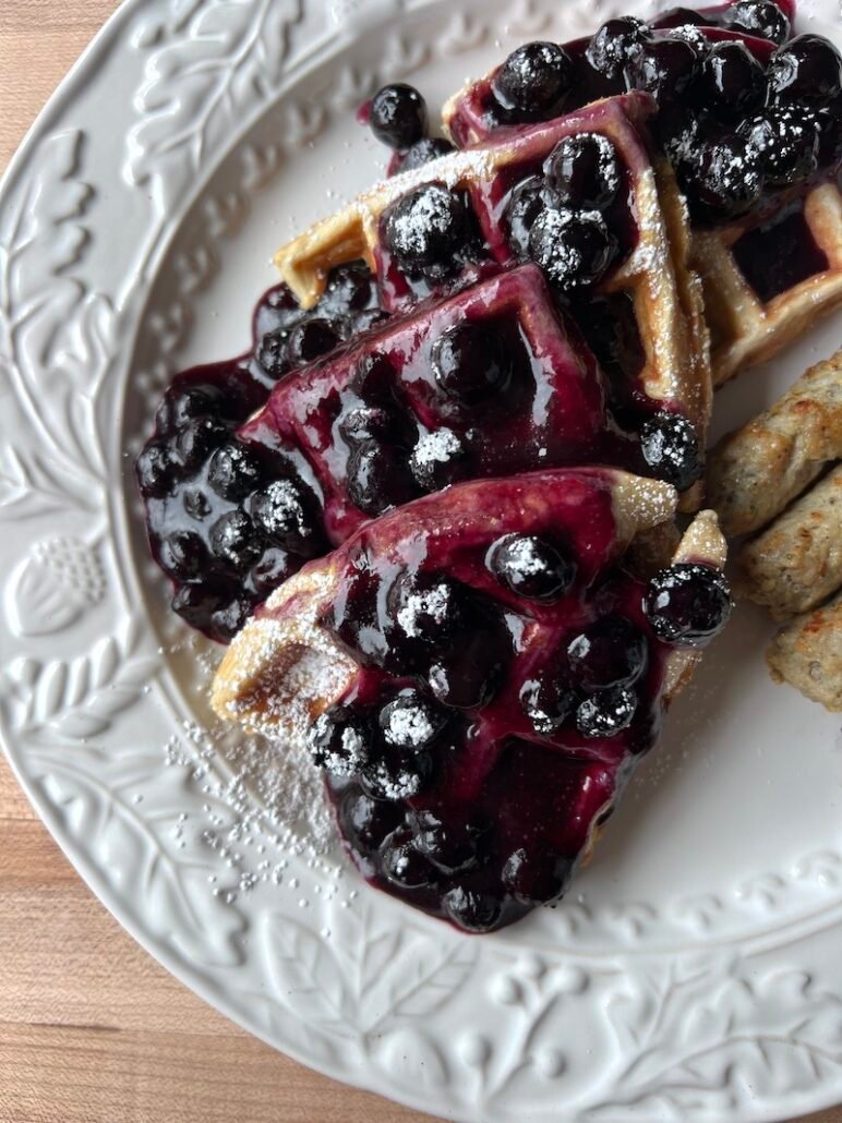 these are waffles with blueberry sauce 