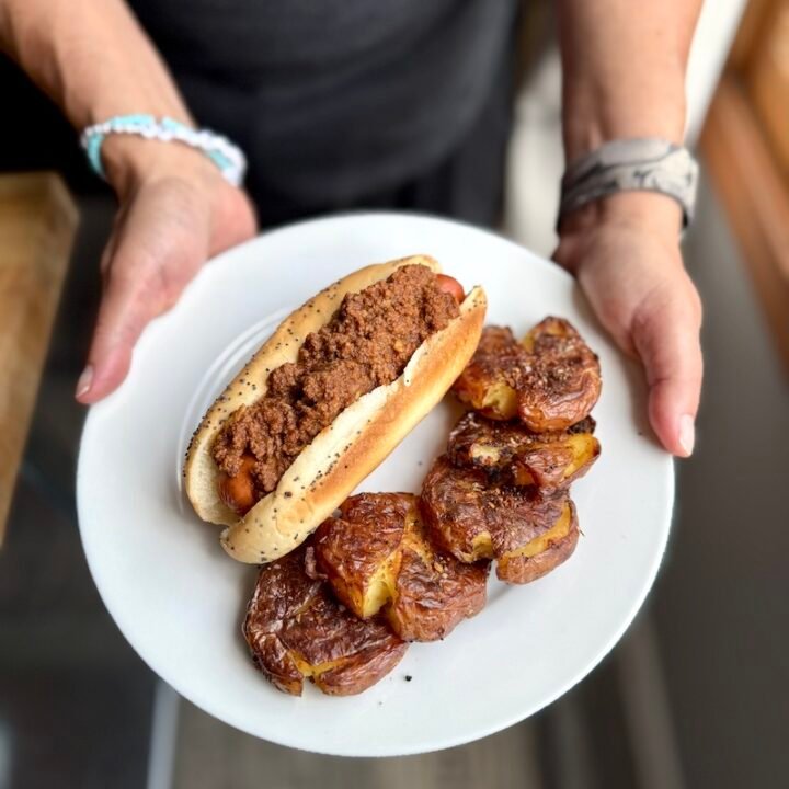This is a cincinnati chili hot dog that is 4 Weight Watchers points