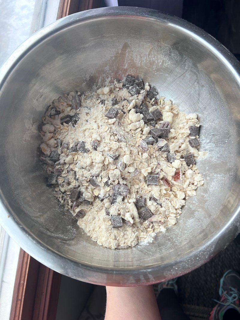 chocolate chunks added to dry ingredients