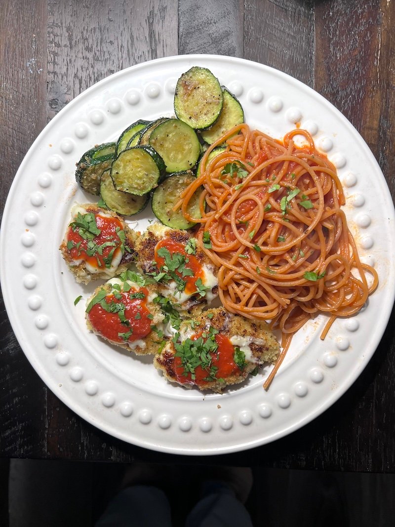 this is mini chicken parmesan with zucchini and red lentil pasta that is 8 Weight Watchers points