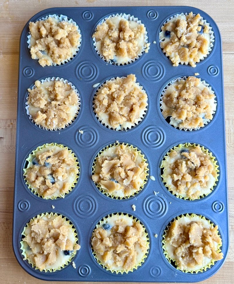 blueberry muffins topped with streusel topping