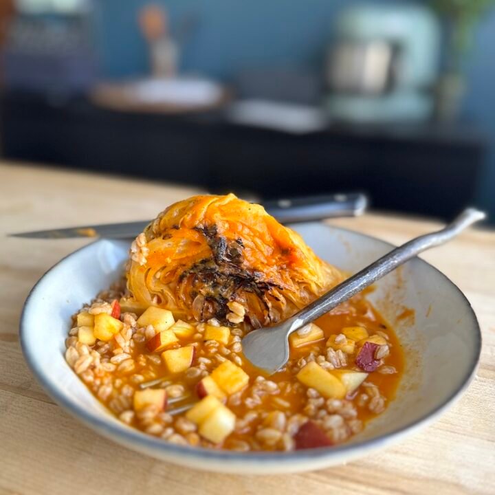 braised cabbage with farro and apple