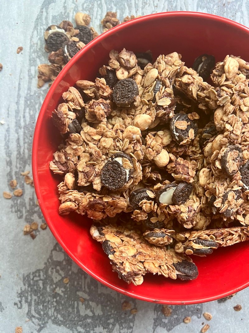 oreo granola in a red bowl