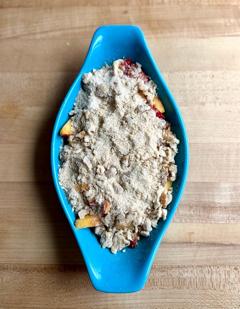 peach walnut streusel ready for the oven