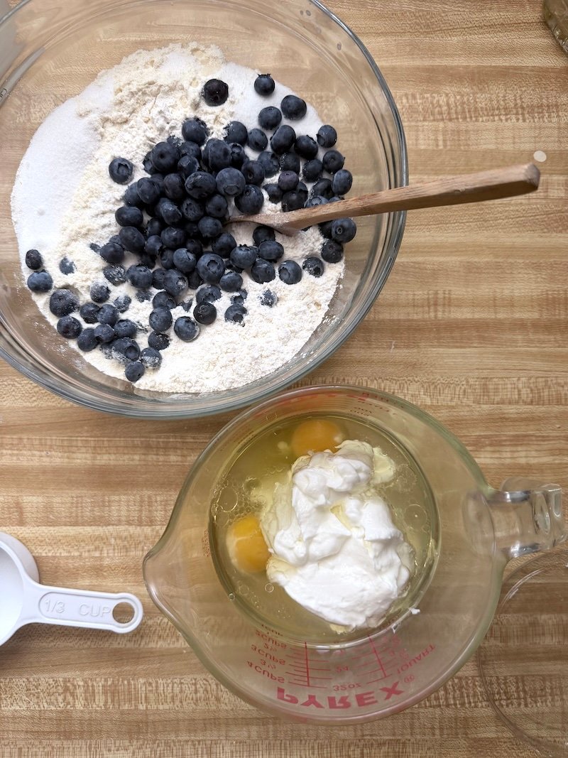 wet and dry ingredients for mini blueberry lemon muffins